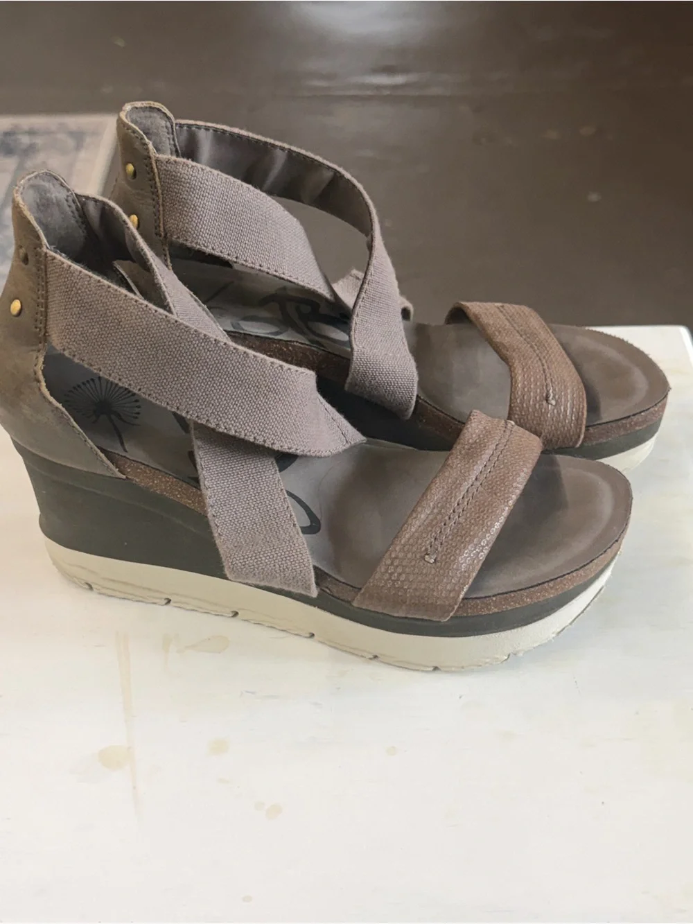 OTBT Taupe and Brown Strap Wedge Sandals